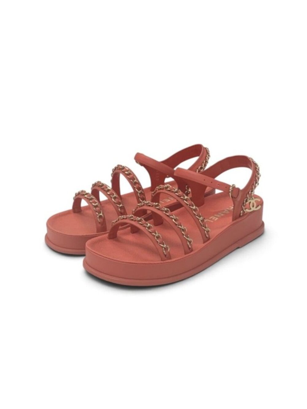 Chanel Sandals Shoes Leather Pink Gold CC Logo Chain Flats